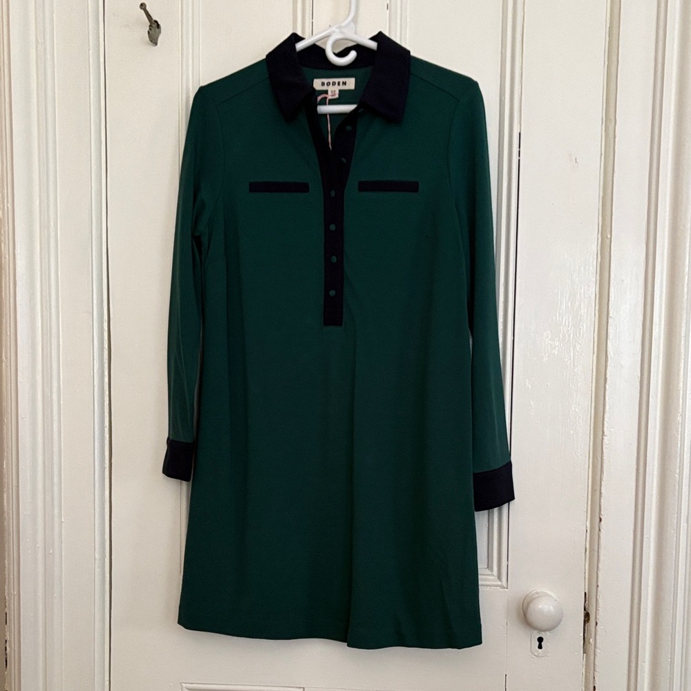 Boden Deep Green Long-Sleeve Polo Dress with Navy Trim - Size 6P NWT